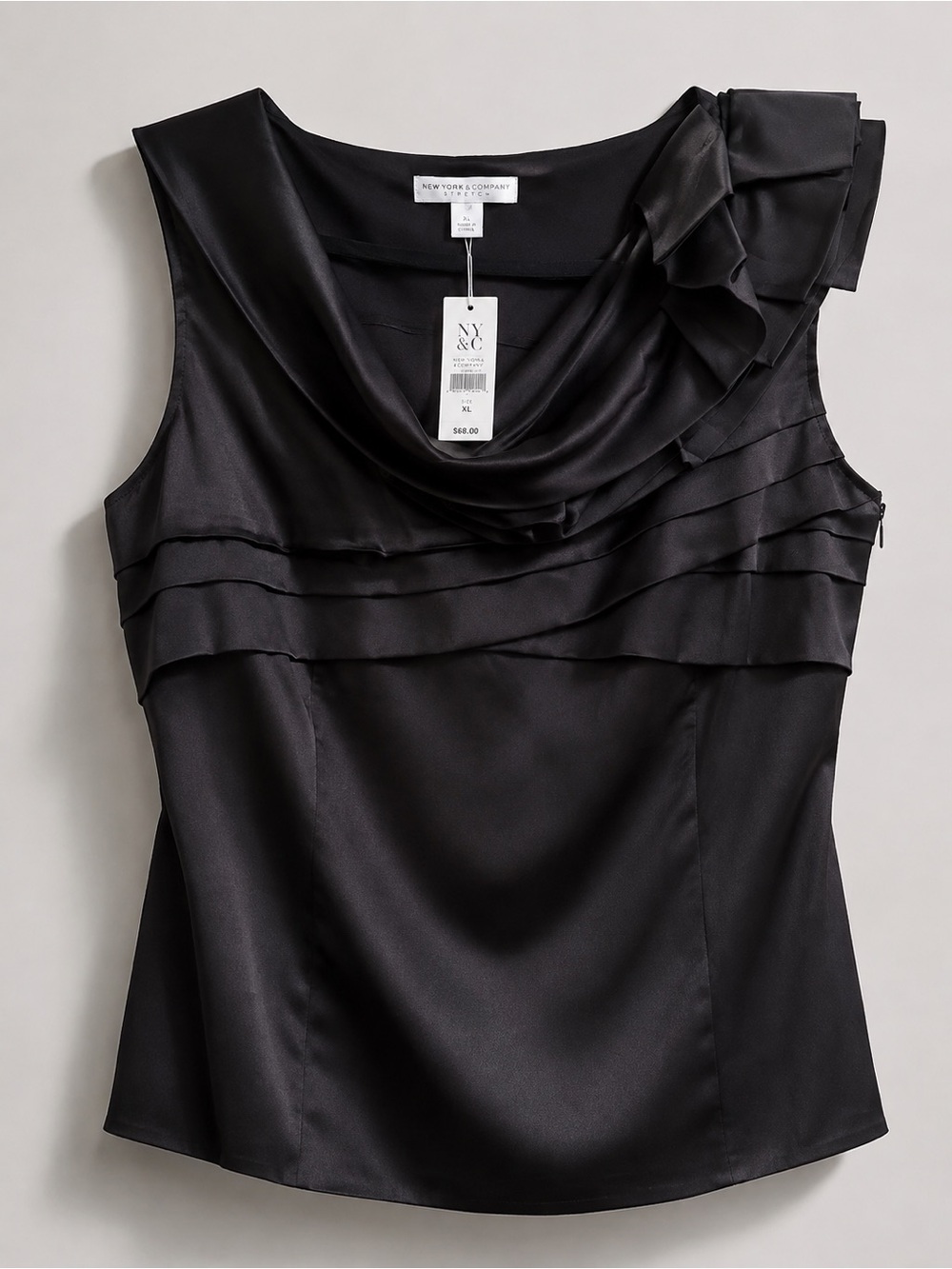New York & Company Black Satin Draped Cowl Blouse XL NWT $68